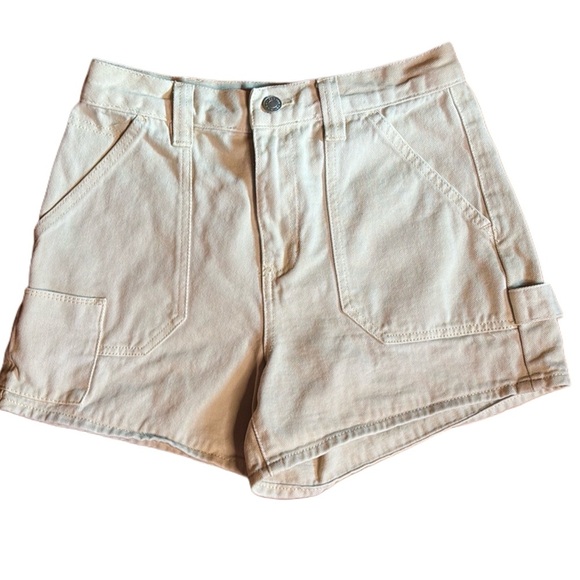Pacsun Beige tan denim workwear cargo highwaisted shorts 100% cottton sz 27 - Picture 1 of 8